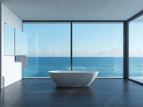 A large bathtub is in a room with a large window overlooking the ocean