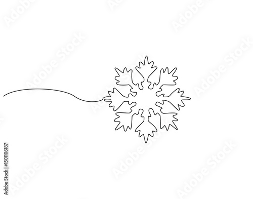 Continuous one line drawing of snowflake. One line drawing illustration of snowflake falling. Christmas and winter concept single line. Editable outline