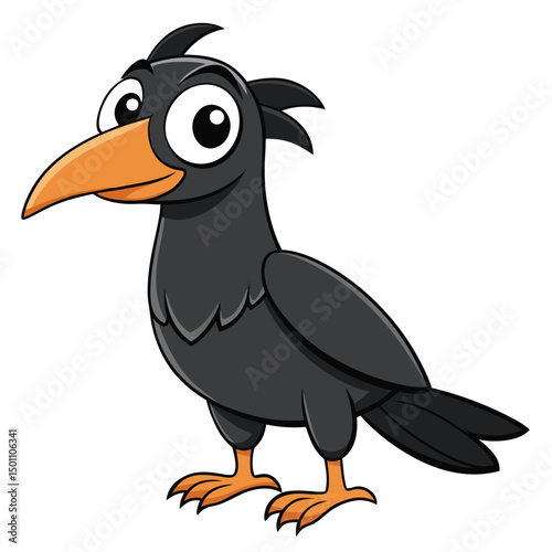 An amiable cartoon crow is standing, showcasing its orange beak and claws