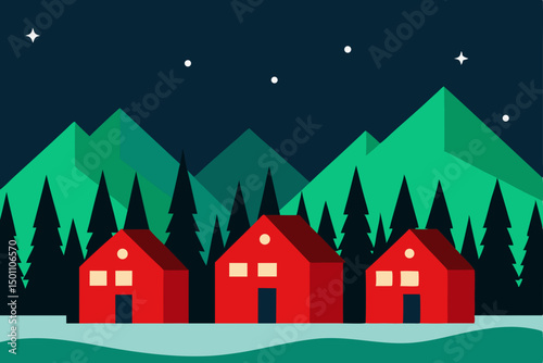 a row of red scandinavian cabins under northern li.svg