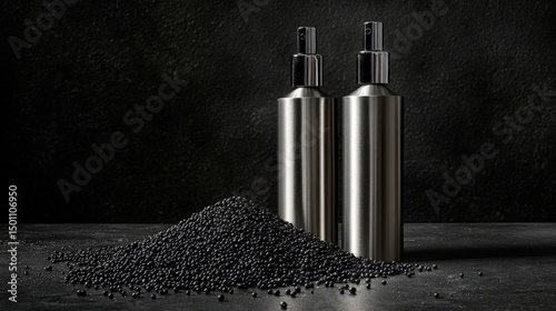 Two sleek, silver spray bottles stand beside a pile of black beads on a dark surface
