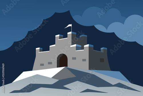 ancient stone fortress partially buried in snow 