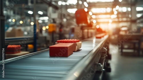 Conveyor belt food processing, multiple lines carrying sorted products in industrial setting photo