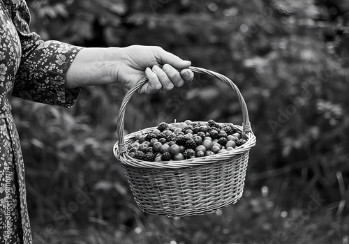 Foraged Mushrooms in Basket Black  White Photo isolated on transparent background
