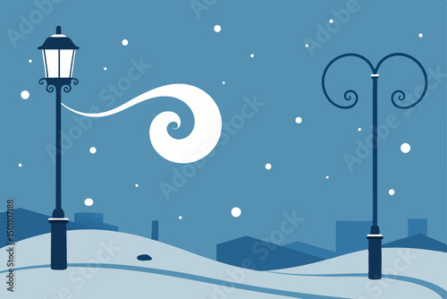 blizzard conditions with only streetlamps lighting