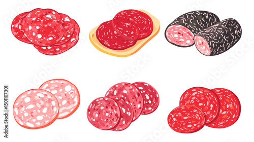 A set of different italian salami and pepperoni slices cold cut deli meat cuts meats vector illustration isolated on a white background