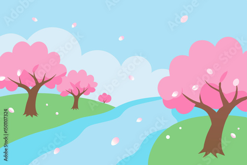 blossoming sakura trees lining a riverbank in spri