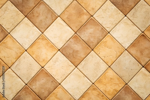 Mosaic ceramic tile floor with geometric pattern and brown decorative texture