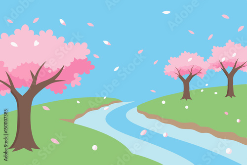 blossoming sakura trees lining a riverbank in spri.svg