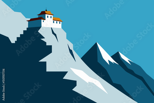 cliffside monastery clinging to a snow covered 