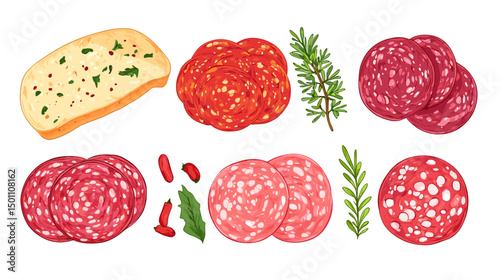A set of different italian salami and pepperoni slices cold cut deli meat cuts meats vector illustration isolated on a white background