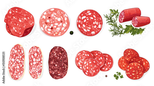 A set of different italian salami and pepperoni slices cold cut deli meat cuts meats vector illustration isolated on a white background