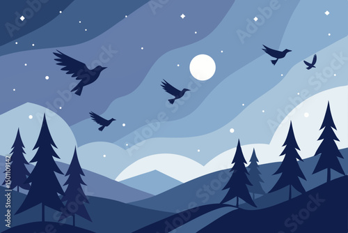 flock of winter birds flying above a white forest .svg
