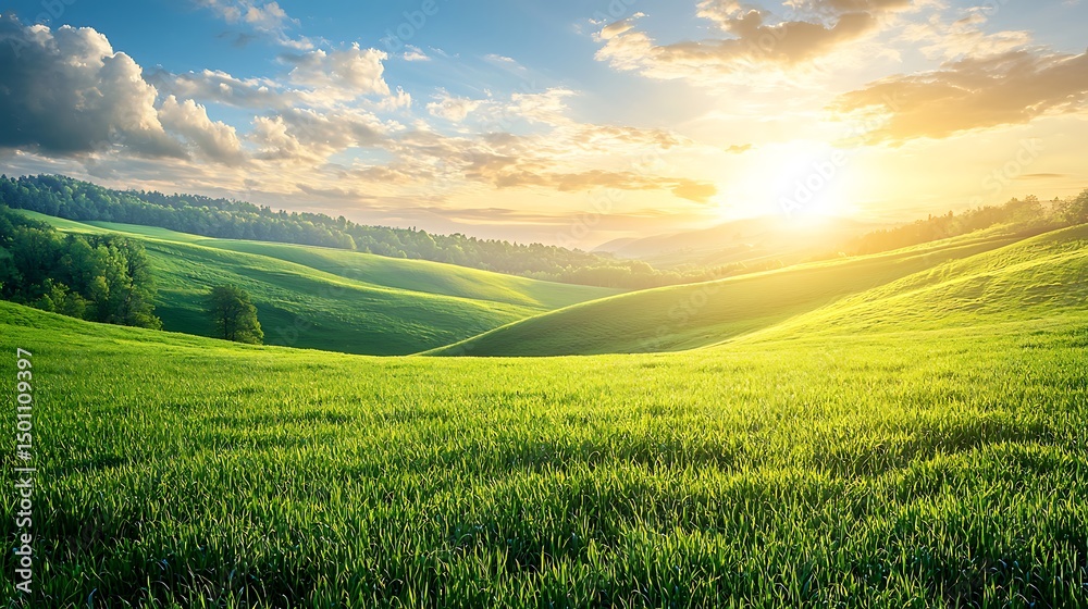 Obraz premium Rolling hills glowing under sunrise light high resolution picture