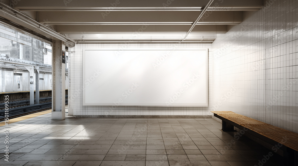 Obraz premium white blank billboard on a tiled wall inside a subway station