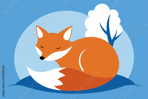 fox curled up in the snow under a tree with its 