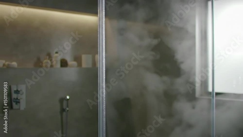 A modern bathroom scene with steam and soft lighting for relaxation.