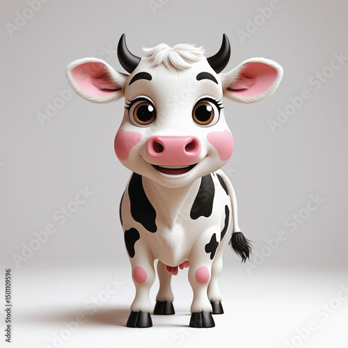 Sapi Lucu Bergaya Kawaii di Latar Putih