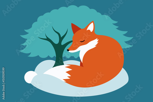 fox curled up in the snow under a tree with its bu.svg