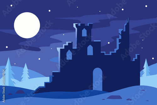 frosty castle ruins glowing under moonlight in 