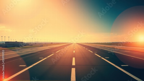 A runway at an airport during sunset, with the sun casting a warm glow over the scene. Airplanes are visible on the sides, and wind turbines are in the background. Generative, AI,