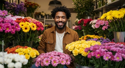Photo of a Happy Man Surrounded by Colorful Flowers in a Flower Shop Portrait
