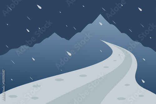 heavy snowstorm engulfing a mountain trail with 
