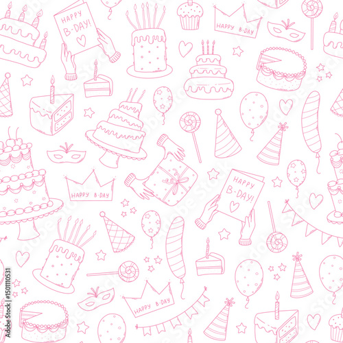 Birthday monochrome doodles seamless pattern for wallpaper, gift wrap, backgrounds, wrapping paper, scrapbooking, textile prints, etc. EPS 10