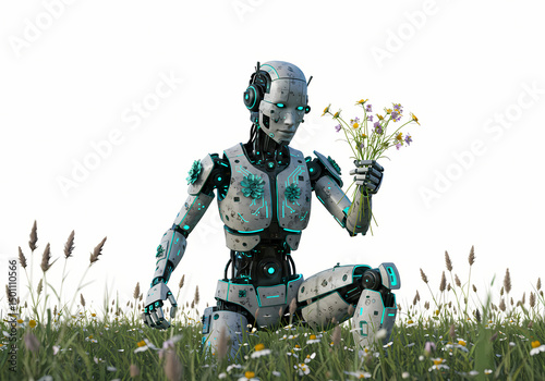 Robot in a Field of Flowers AI  Nature isolated on transparent background