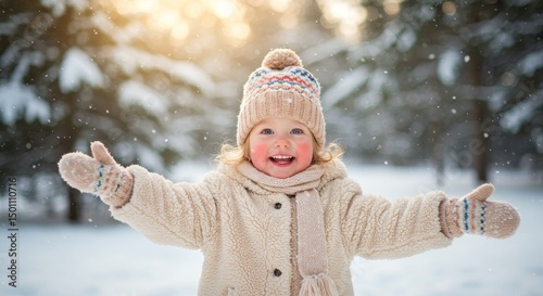 Photo of a Joyful Child in Winter Outfit Experiencing Snowy Outdoor Fun