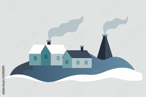 isolated snowy hamlet with smoke curling from chim