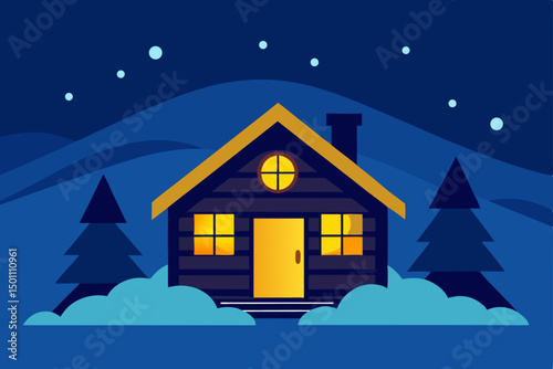 log cabin with lights on  surrounded by deep snow 