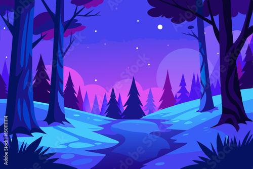 magical winter forest with blue and purple hues at 