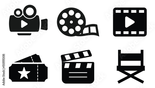 Cinema icons set. Collection icon: Popcorn box, movie, clapper board, film, movie, tv, video and other. Stock Illustration