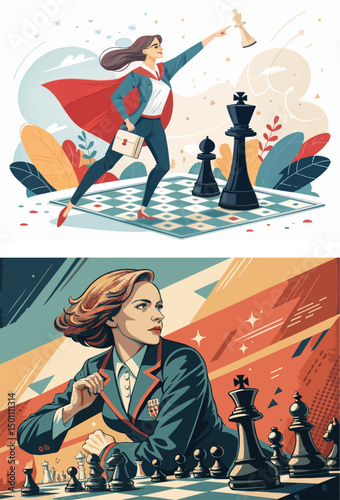 Modern vector illustration of a female grandmaster making a decisive move in chess
