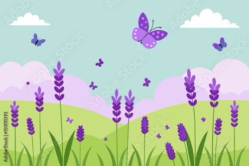 peaceful spring meadow with blooming lavender 