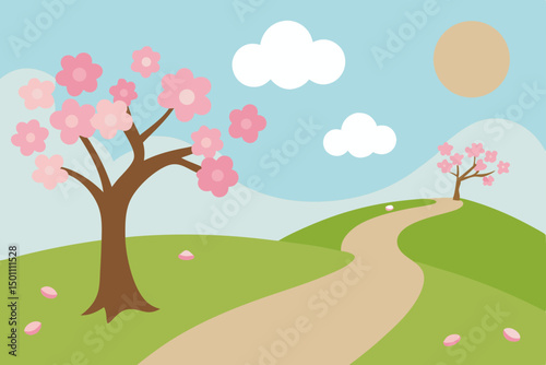 peaceful spring scene with a narrow dirt path wind 