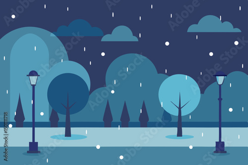 rain turning to snow in a chilly urban park at dus