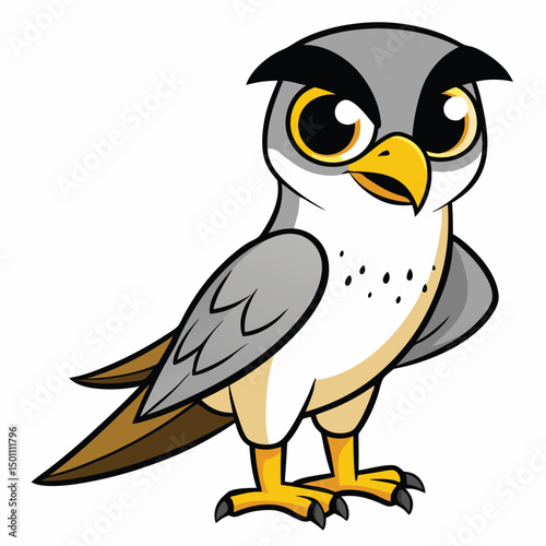 Cute cartoon falcon perches upright with striking yellow beak and talons depicted