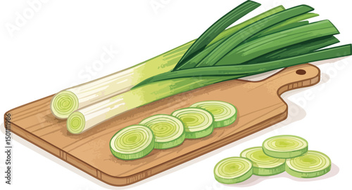 Leeks on a White Cutting Board Vibrant Vector Background