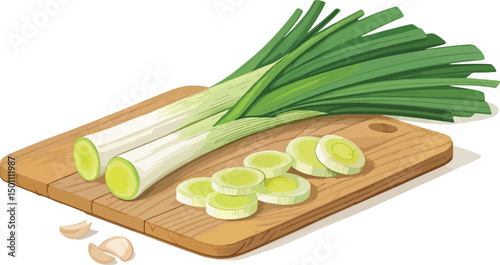 Fresh Leeks on a White Cutting Board Clean Vector Background