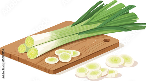 Fresh Leeks on White Cutting Board Vibrant Vector Background