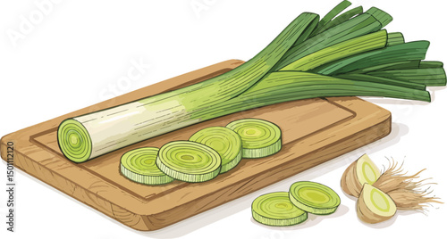 Leeks on a White Cutting Board Clean Vector Background Design