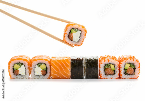 Delicious Salmon Sushi Rolls Japanese Cuisine Image isolated on transparent background