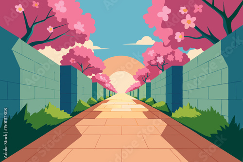 realistic floral alleyway with pink blossoms overh.svg