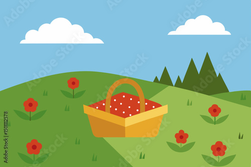 realistic image of a picnic blanket in a blooming .svg