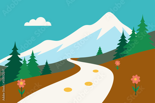 realistic mountain trail in spring with patches 