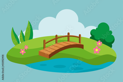 realistic spring background with a wooden bridge 