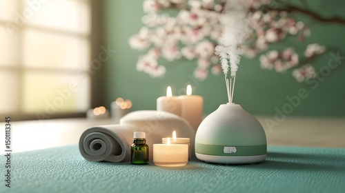 Serene Spa Room,  Aromatherapy Diffuser with Candles and Towel