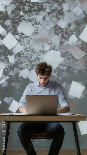 Office worker concentrating on working on his laptop while sheets of paper are flying around him, depicting stress, overwork, and information overload